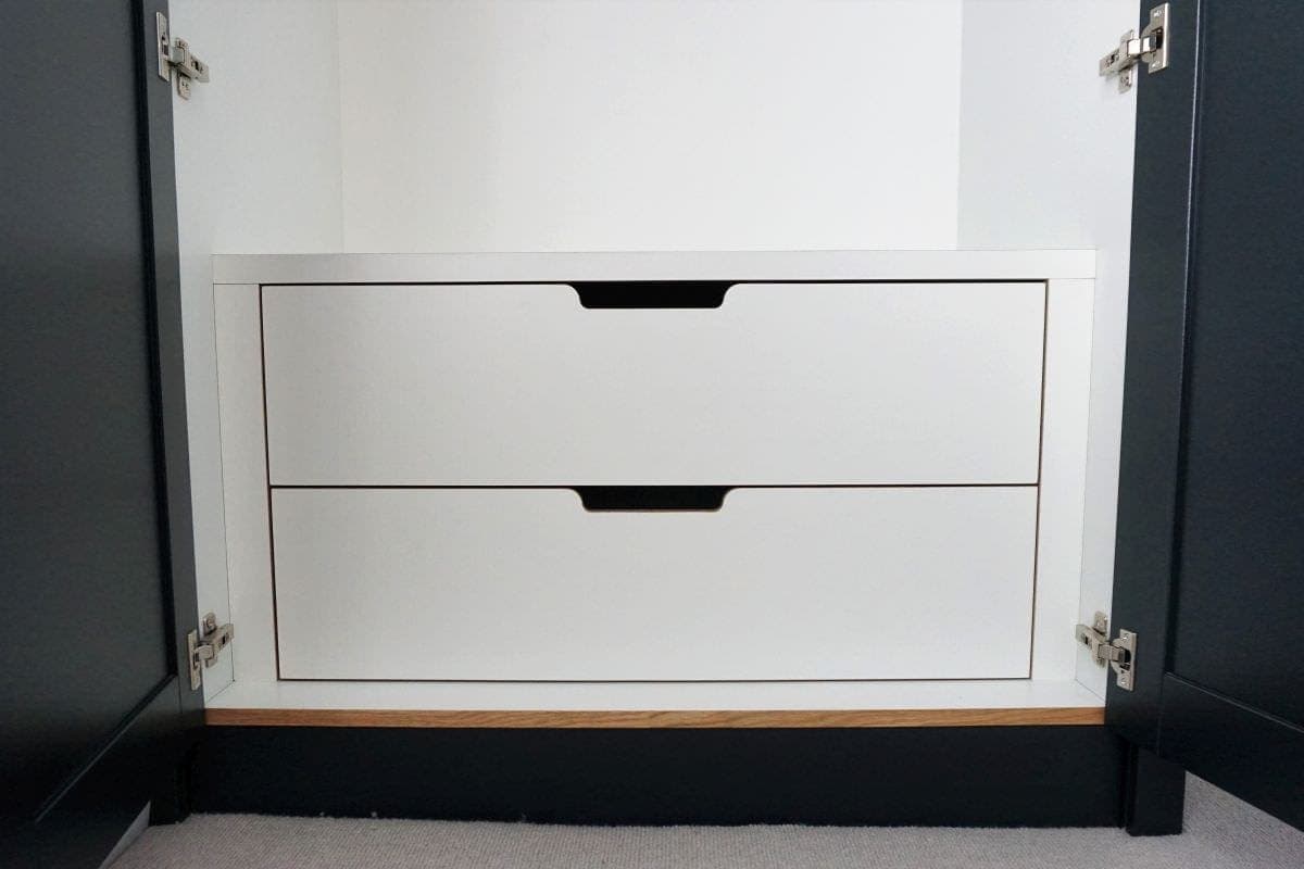 Black Shaker Wardrobes with white drawers inside