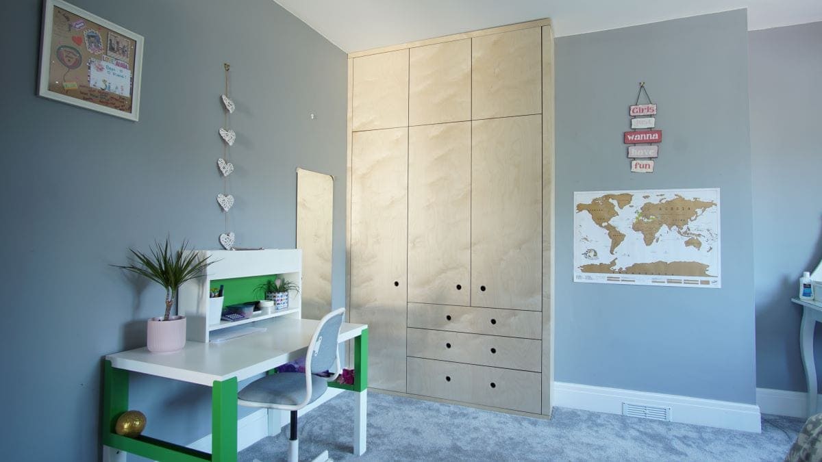 birch plywood wardrobe in a childs bedroom
