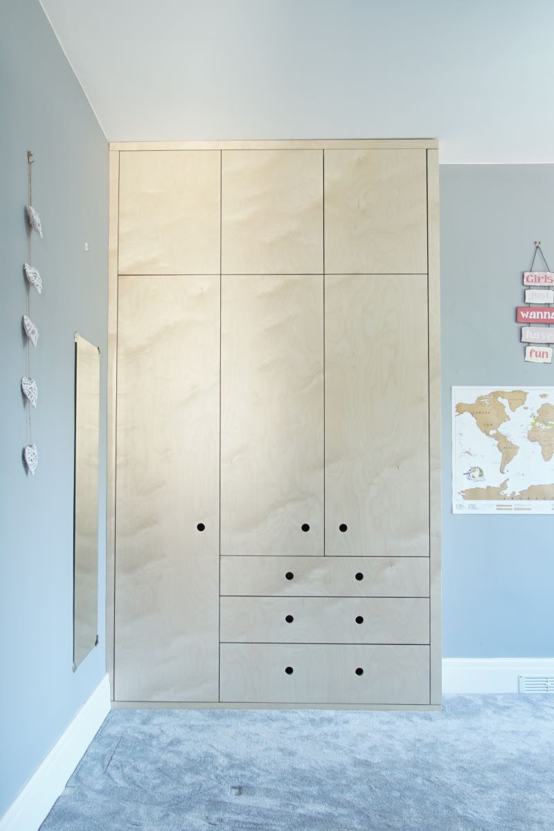 birch plywood children's contemporary bespoke wardrobes bristol with big drawers and finger pull handle details
