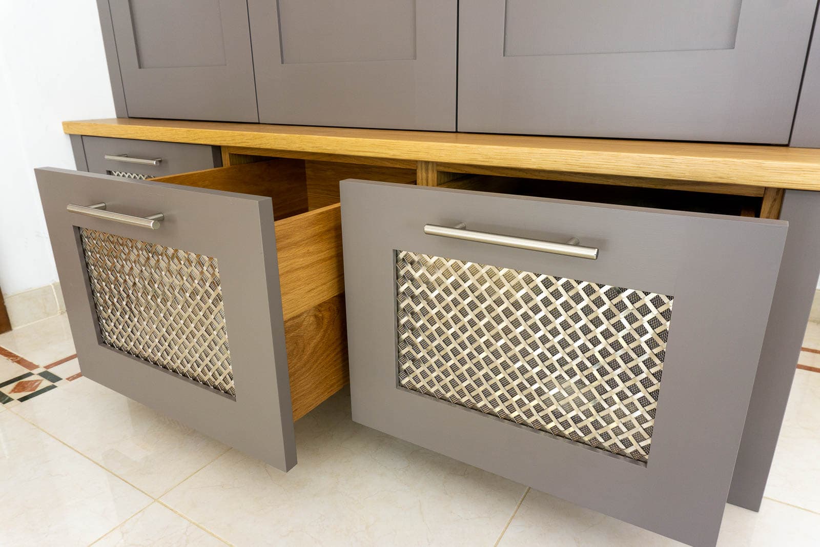 oak shoe drawers with metal grilles