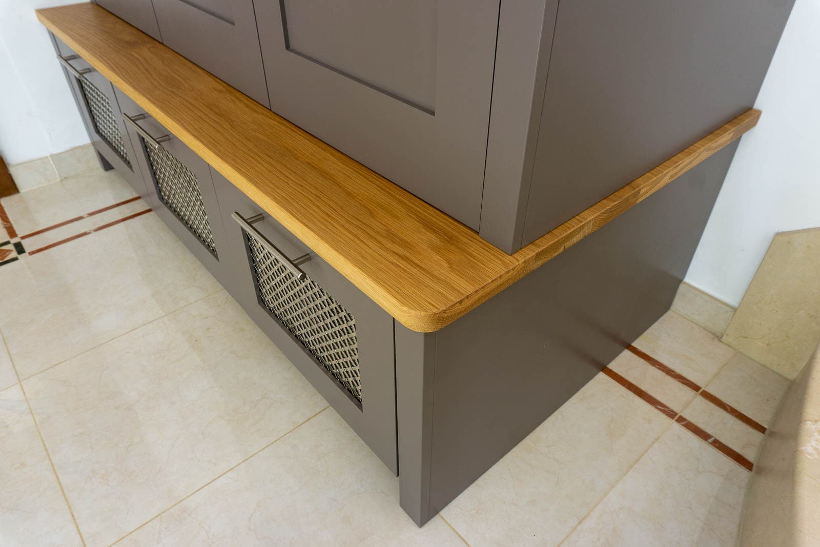 oak bench seat with shoe drawers metal grilles