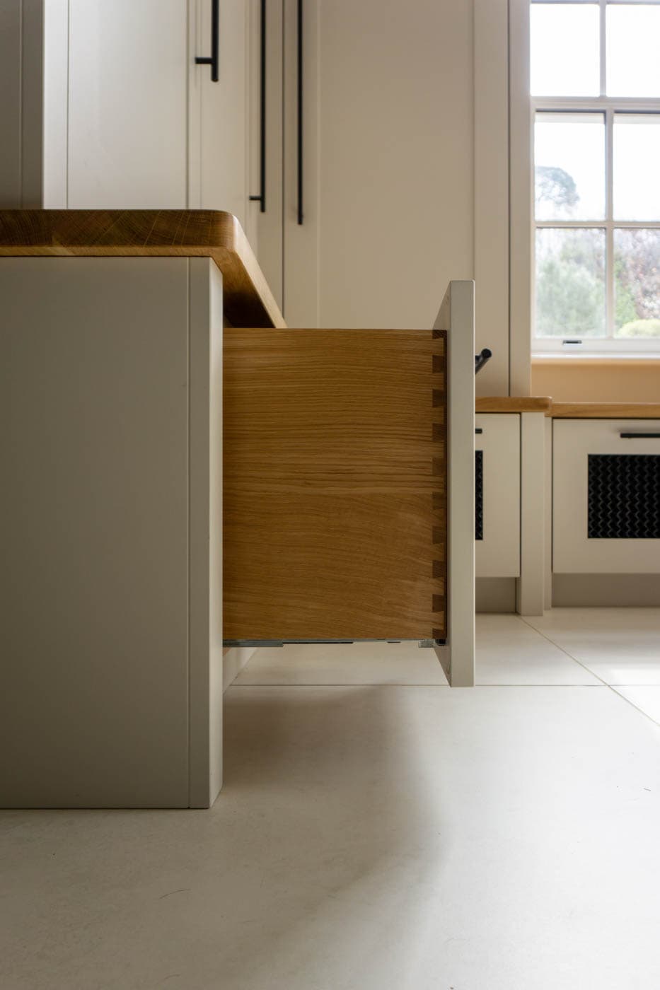 oak dovetailed drawer in a bootroom