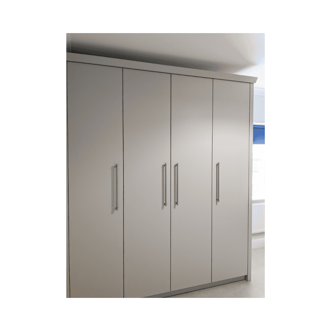 a white cabinet with silver handles