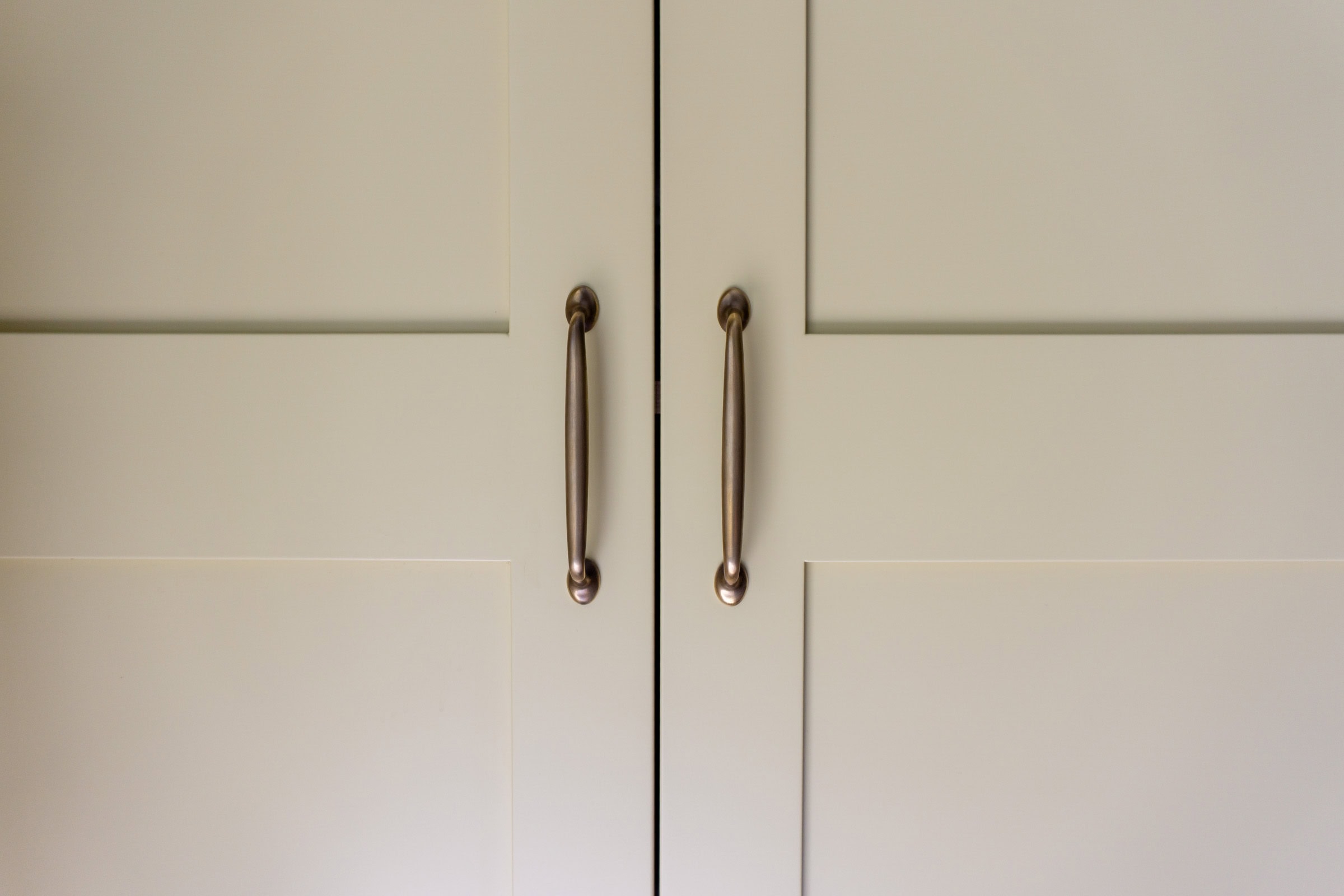 a close up of a shaker door with brushed brass handle